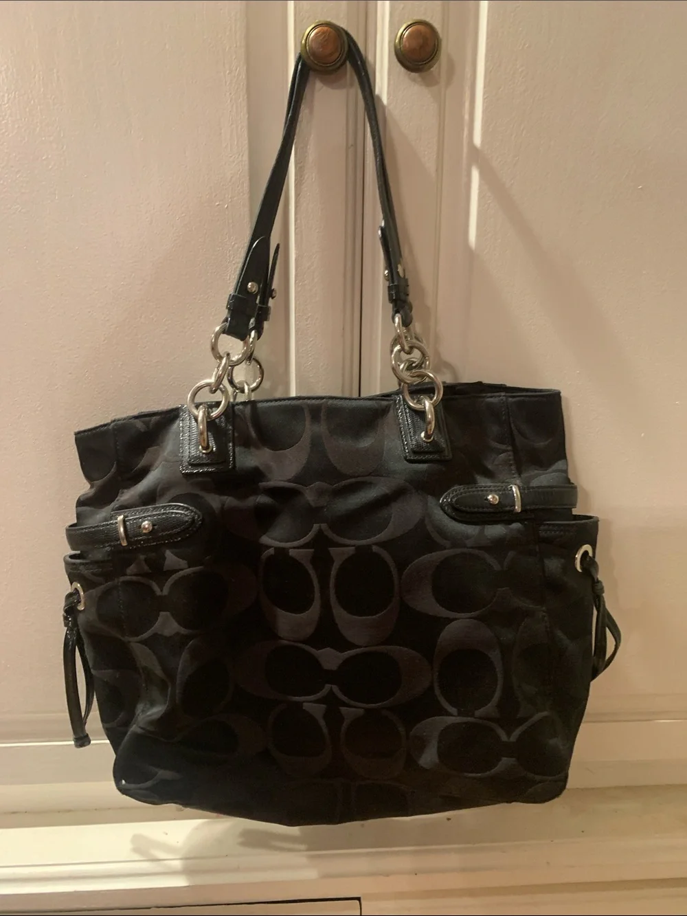 Coach Black Signature Shoulder Bag with Chain-Link Straps
